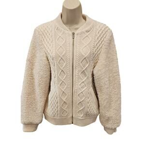 Maje designer wool blend THICK sherpa cable knit neutral varsity jacket 40 FLAW